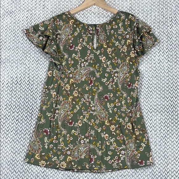 FYVE Paisley Floral Pleated Front Stretch Green Blouse Top Size L Ruffle Sleeve - Picture 2 of 8